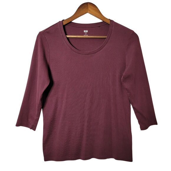Uniqlo Tops - Uniqlo Womens Supima Cotton Round Neck T-Shirt Top Size L Burgundy 3/4 Sleeve